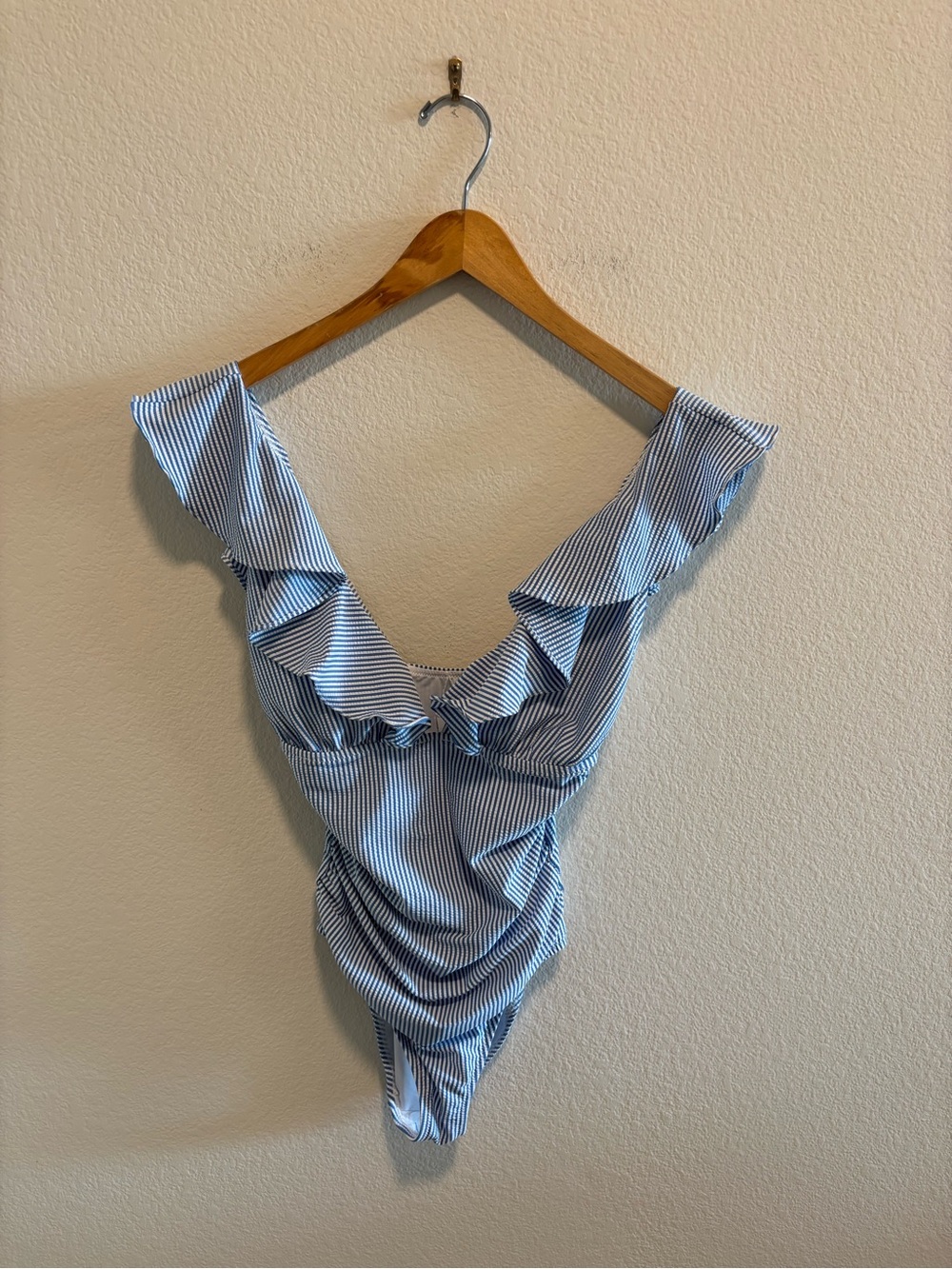 NWT J. Crew Blue and White Striped Ruffle One-Piece Swimsuit Runched